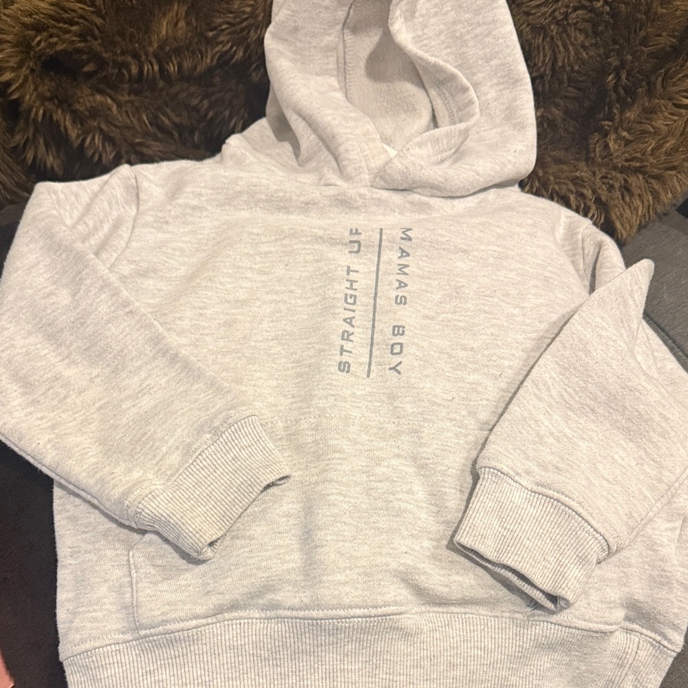 Light Gray Hoodie with Vertical Text “Straight up Mama’s boy”